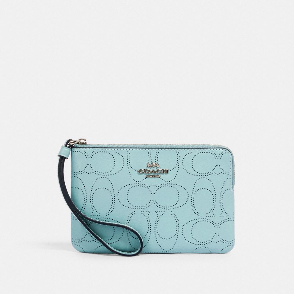 COACH CORNER ZIP WRISTLET IN SIGNATURE LEATHER - SV/SEAFOAM - 2961