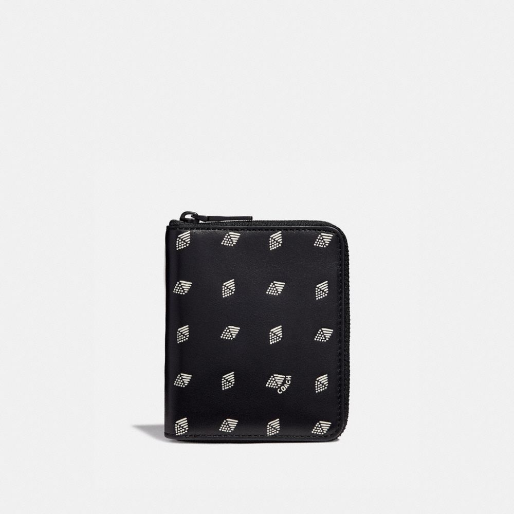 COACH 29695 SMALL ZIP AROUND WALLET WITH DOT DIAMOND PRINT BLACK/CHALK