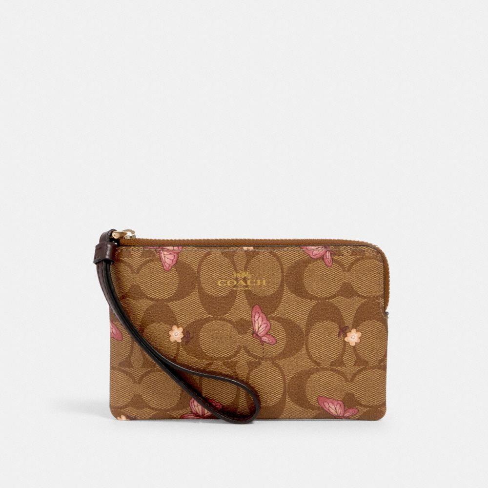 COACH 2972 Corner Zip Wristlet In Signature Canvas With Butterfly Print IM/KHAKI PINK MULTI