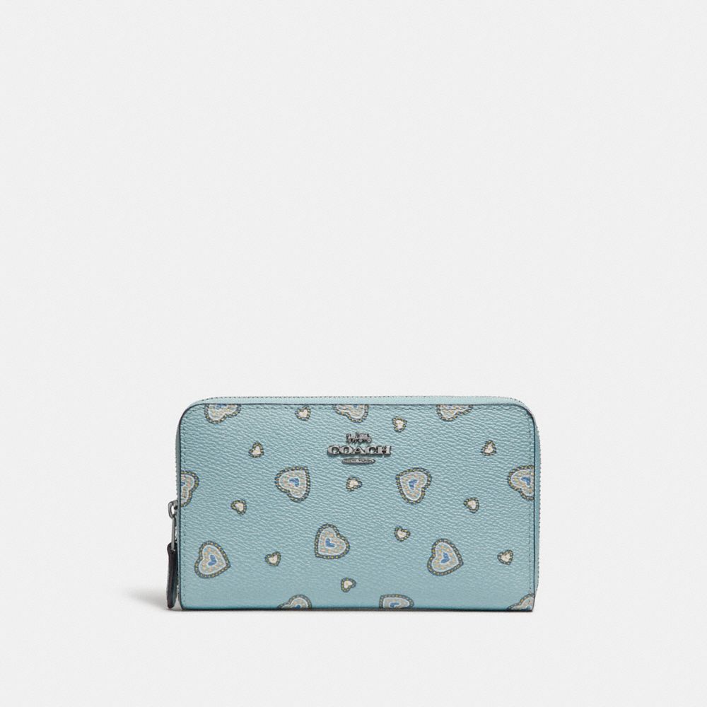 COACH 29739 Medium Zip Around Wallet With Western Heart Print SV/LIGHT TURQ WESTERN HEART