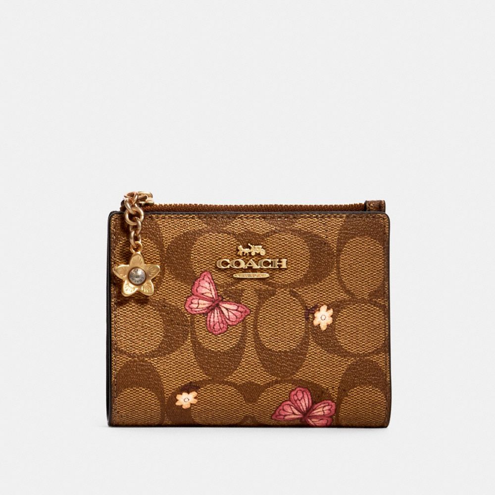 COACH 2978 SNAP CARD CASE IN SIGNATURE CANVAS WITH BUTTERFLY PRINT IM/KHAKI PINK MULTI