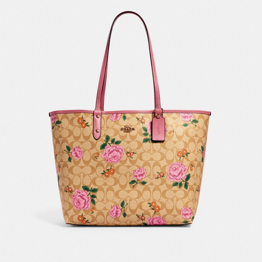 COACH 2990 REVERSIBLE CITY TOTE IN SIGNATURE CANVAS WITH PRAIRIE ROSE PRINT IM/LIGHT KHAKI PINK MULTI/ROSE