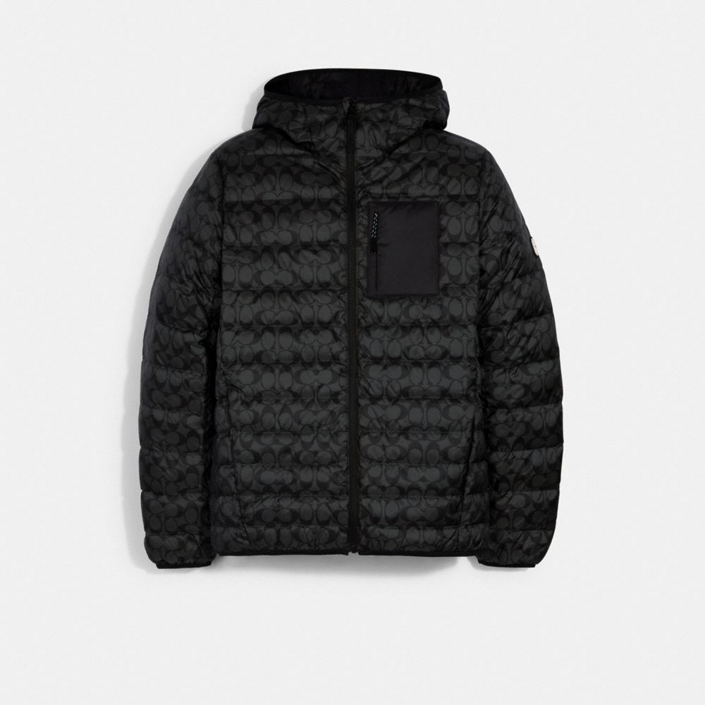 COACH PACKABLE HOODED DOWN JACKET - BLACK SIGNATURE - 2993