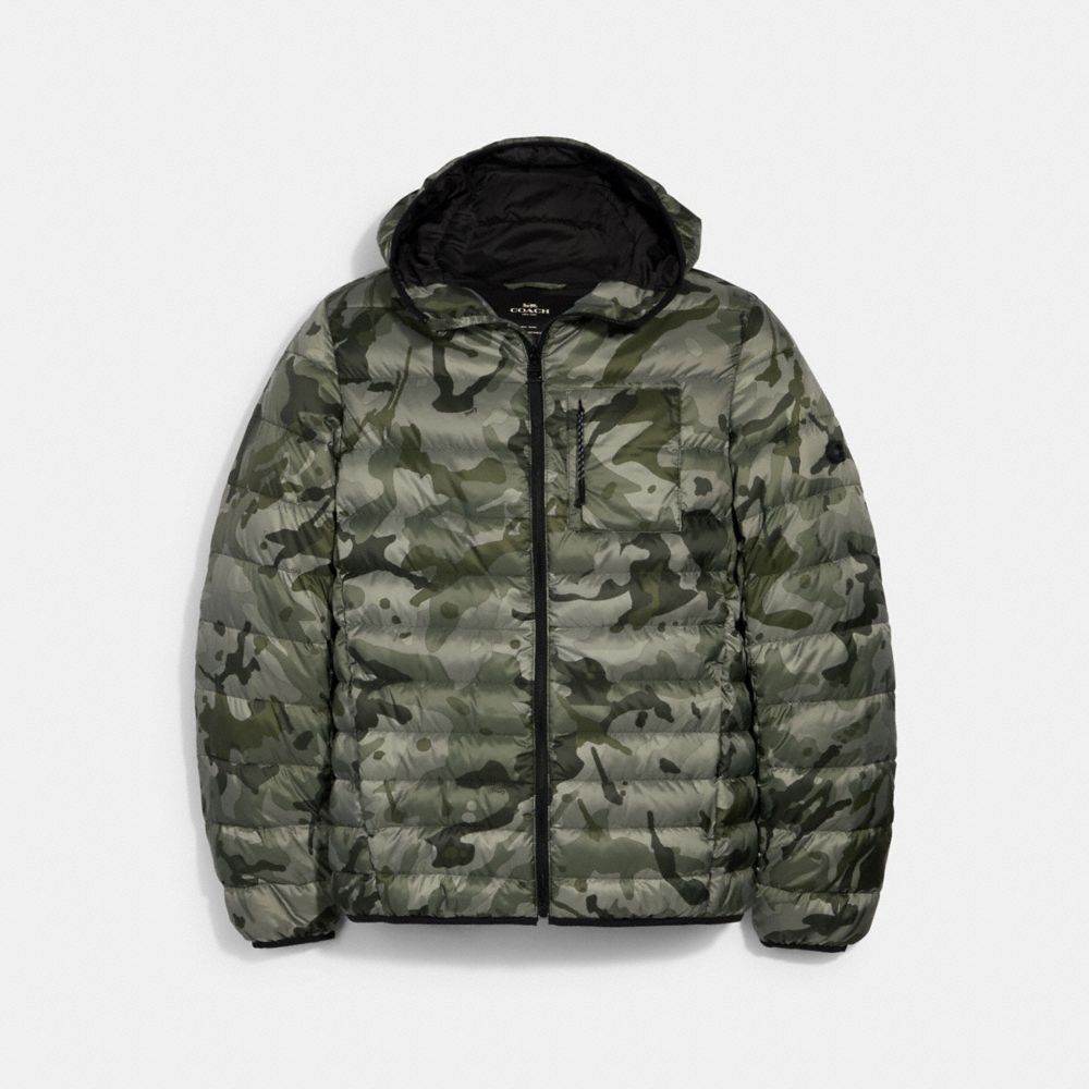 PACKABLE HOODED DOWN JACKET - OLIVE INK CAMO - COACH 2993
