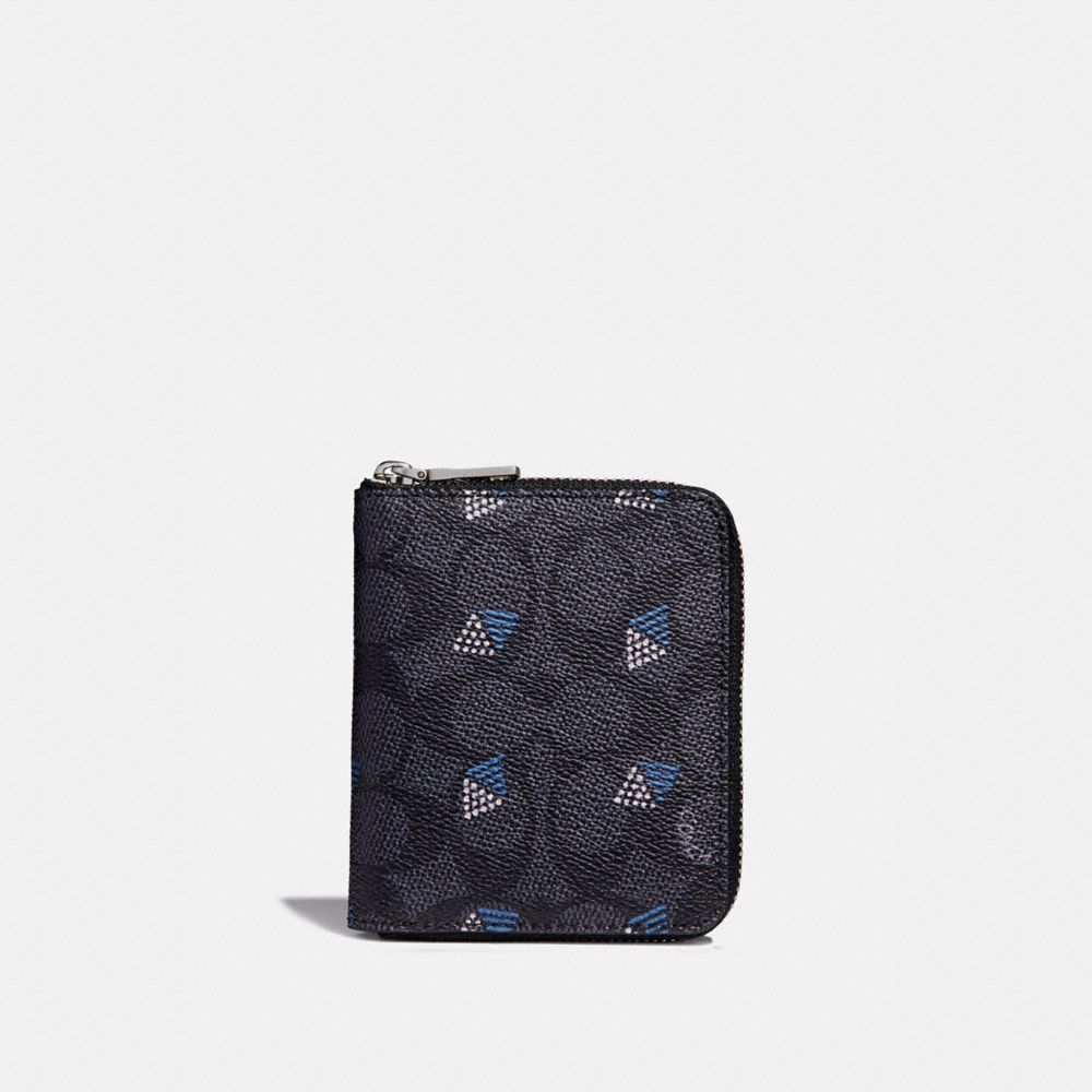 COACH 29970 SMALL ZIP AROUND WALLET IN SIGNATURE CANVAS WITH DOT DIAMOND PRINT CHARCOAL