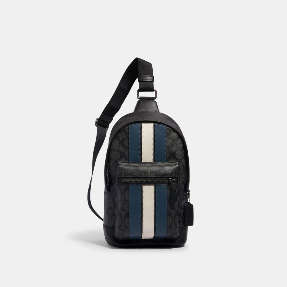WEST PACK IN SIGNATURE CANVAS WITH VARSITY STRIPE - QB/CHARCOAL/DENIM/CHALK - COACH 2999