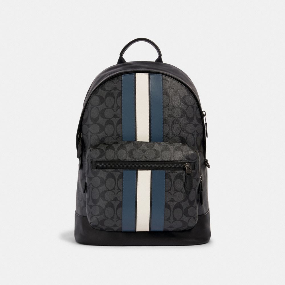 WEST BACKPACK IN SIGNATURE CANVAS WITH VARSITY STRIPE - 3001 - QB/CHARCOAL/DENIM/CHALK