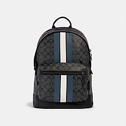 COACH 3001 West Backpack In Signature Canvas With Varsity Stripe QB/CHARCOAL/DENIM/CHALK