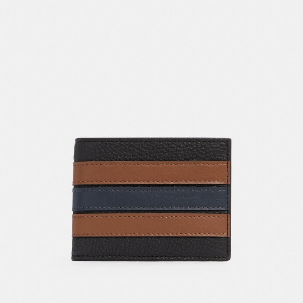 COACH 3003 SLIM BILLFOLD WALLET WITH VARSITY STRIPE QB/BLACK SADDLE/MIDNIGHT