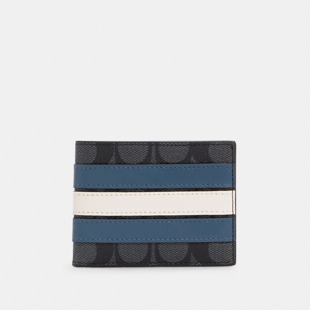 COACH 3004 Slim Billfold Wallet In Signature Canvas With Varsity Stripe QB/CHARCOAL/DENIM/CHALK