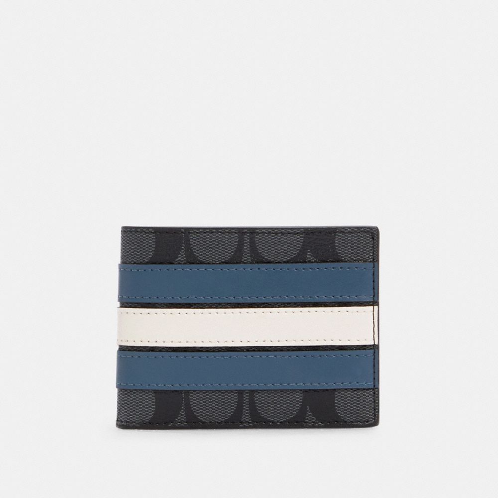 COACH 3004 - SLIM BILLFOLD WALLET IN SIGNATURE CANVAS WITH VARSITY STRIPE QB/CHARCOAL/DENIM/CHALK