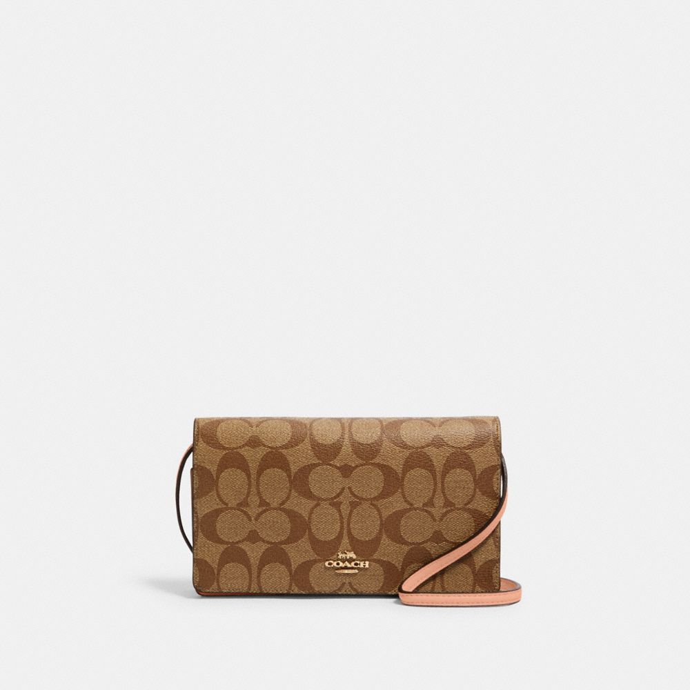 Anna Foldover Crossbody Clutch In Signature Canvas - GOLD/LIGHT KHAKI/FADED BLUSH - COACH 3036