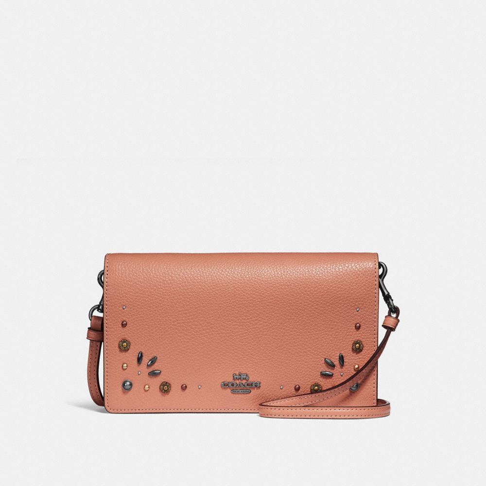 COACH 30428 Hayden Foldover Crossbody Clutch With Prairie Rivets Detail DARK GUNMETAL/DARK BLUSH