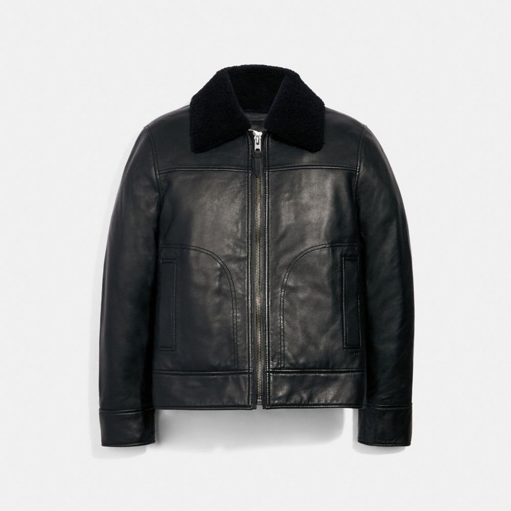 LEATHER AVIATOR JACKET WITH SHEARLING COLLAR - BLACK - COACH 3072