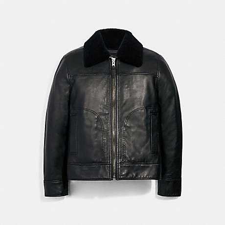 COACH LEATHER AVIATOR JACKET WITH SHEARLING COLLAR - BLACK - 3072