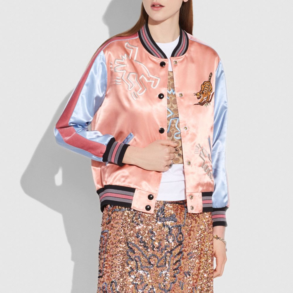 COACH COACH X KEITH HARING VARSITY SOUVENIR JACKET - PAJAMA PINK - 30869