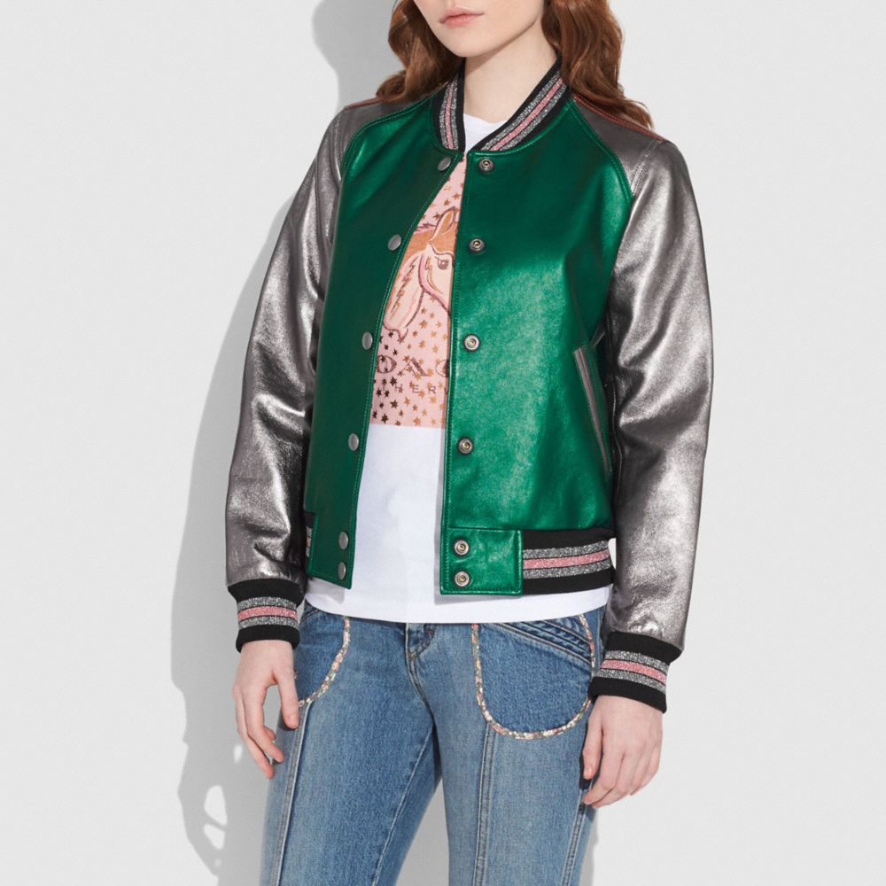 COACH LEATHER VARSITY JACKET - METALLIC GREEN - 30993