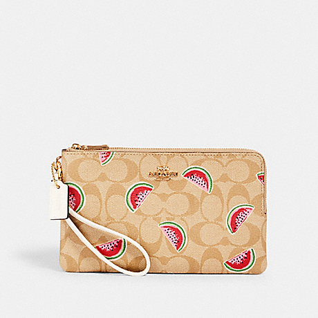 COACH 3121 DOUBLE ZIP WALLLET IN SIGNATURE CANVAS WITH WATERMELON PRINT IM/LT KHAKI/RED MULTI