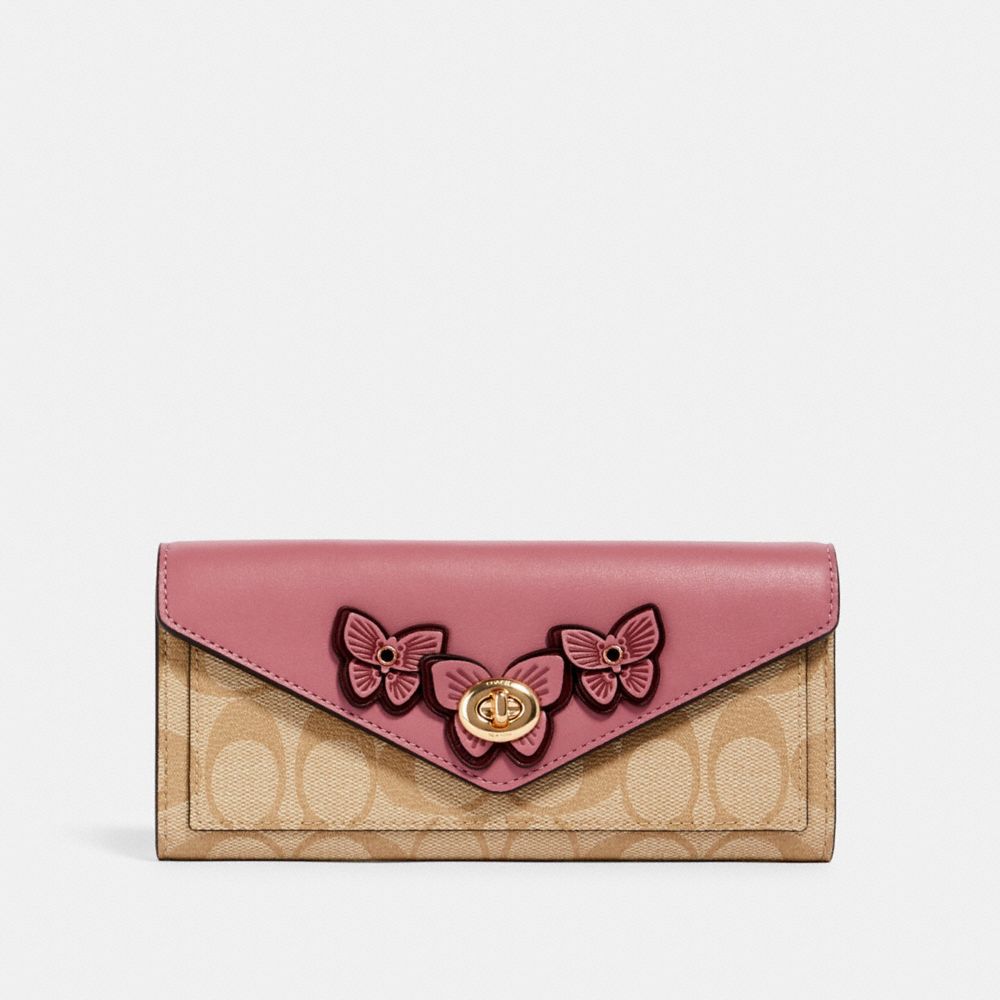 SLIM ENVELOPE WALLET IN SIGNATURE CANVAS WITH BUTTERFLY APPLIQUE - 3126 - IM/LT KHAKI/ ROSE