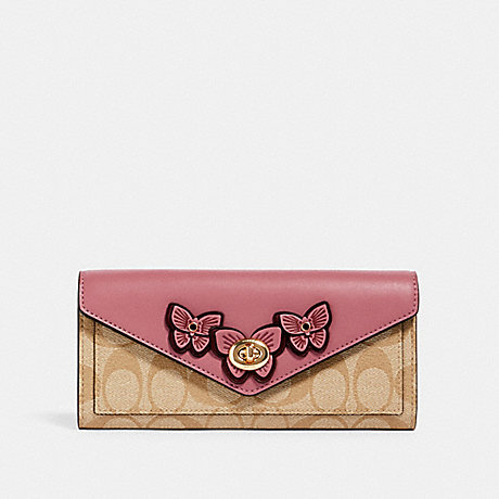 COACH 3126 SLIM ENVELOPE WALLET IN SIGNATURE CANVAS WITH BUTTERFLY APPLIQUE IM/LT-KHAKI/-ROSE