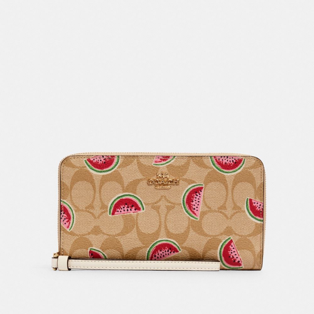 COACH 3140 LARGE PHONE WALLET IN SIGNATURE CANVAS WITH WATERMELON PRINT IM/LT KHAKI/RED MULTI