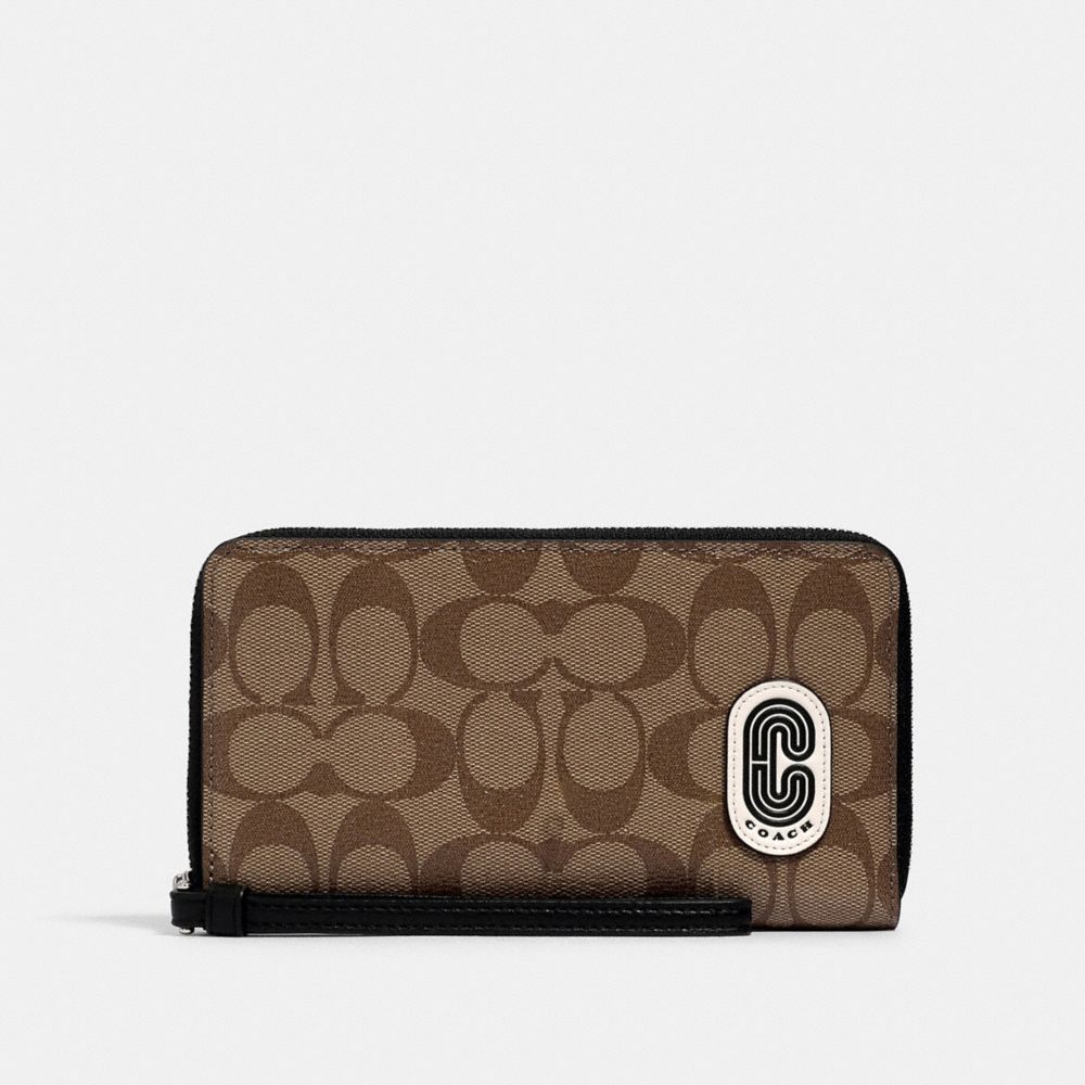 COACH 3146 - LARGE PHONE WALLET IN SIGNATURE CANVAS WITH COACH PATCH SV/KHAKI/BLACK