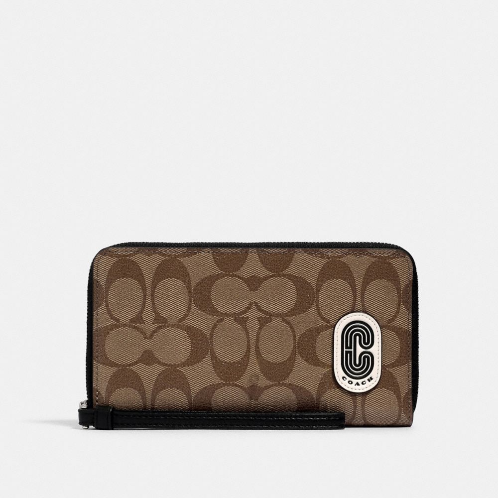 COACH 3146 LARGE PHONE WALLET IN SIGNATURE CANVAS WITH COACH PATCH SV/KHAKI/BLACK