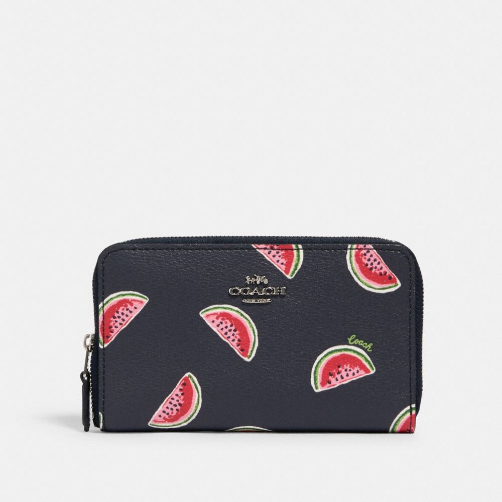 COACH 3150 Medium Zip Around Wallet With Watermelon Print SV/NAVY RED MULTI