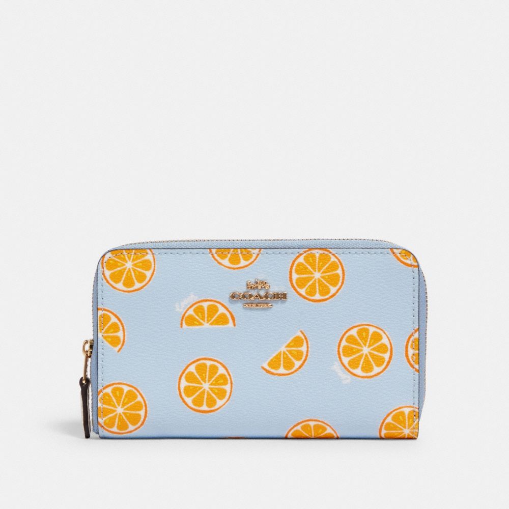 COACH 3151 Medium Zip Around Wallet With Orange Print IM/ORANGE/BLUE