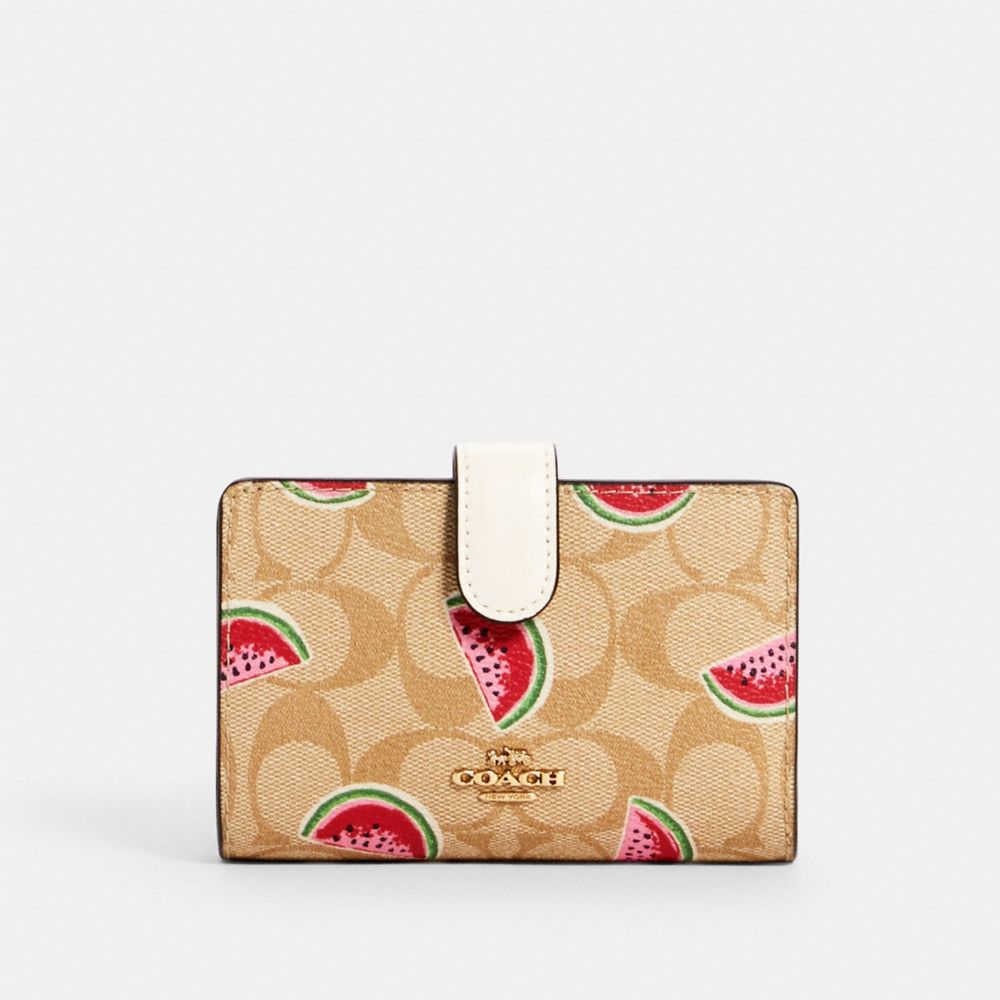 COACH 3152 Medium Corner Zip Wallet In Signature Canvas With Watermelon Print IM/LT KHAKI/RED MULTI