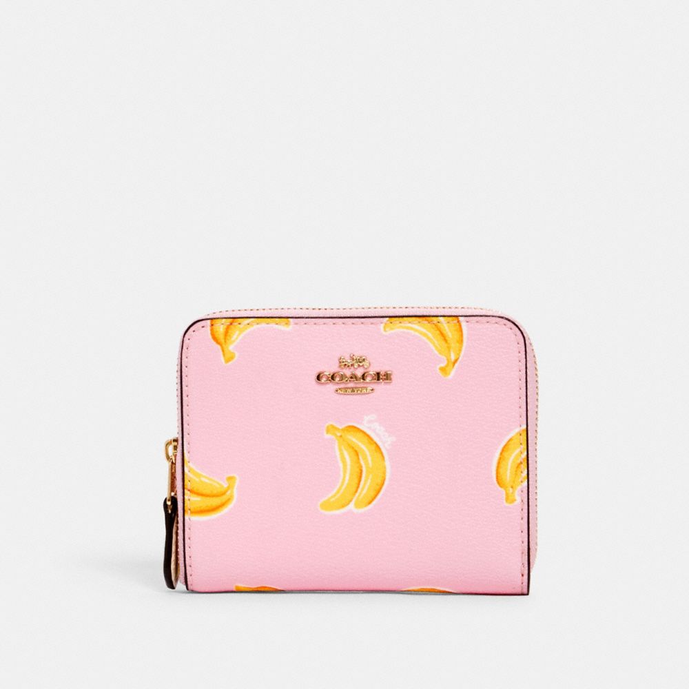 COACH 3154 Small Zip Around Wallet With Banana Print IM/PINK LEMONADE MULTI