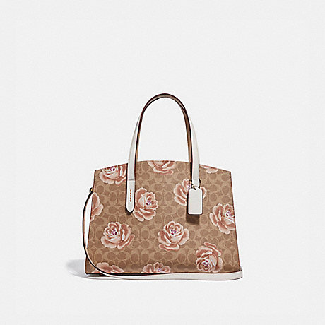COACH CHARLIE CARRYALL IN SIGNATURE ROSE PRINT - TAN/CHALK/BRASS - 31667
