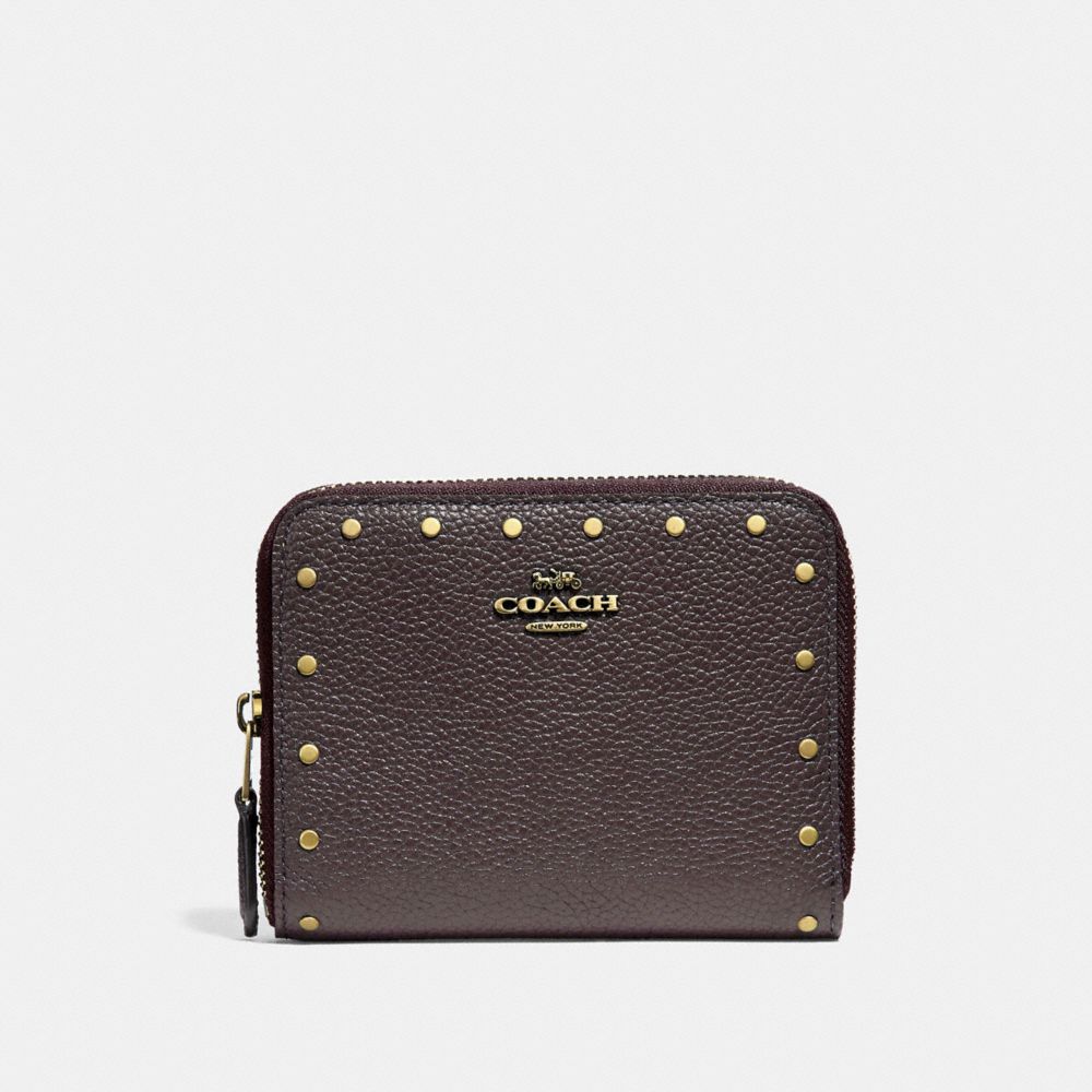 COACH 31811 SMALL ZIP AROUND WALLET WITH RIVETS BRASS/OXBLOOD