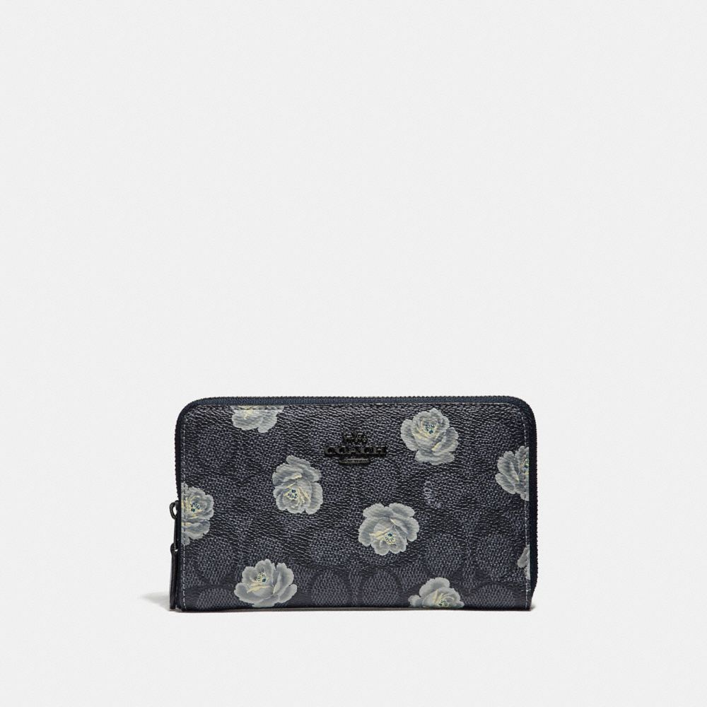 COACH 31816 Medium Zip Around Wallet In Signature Rose Print DK/CHARCOAL SKY