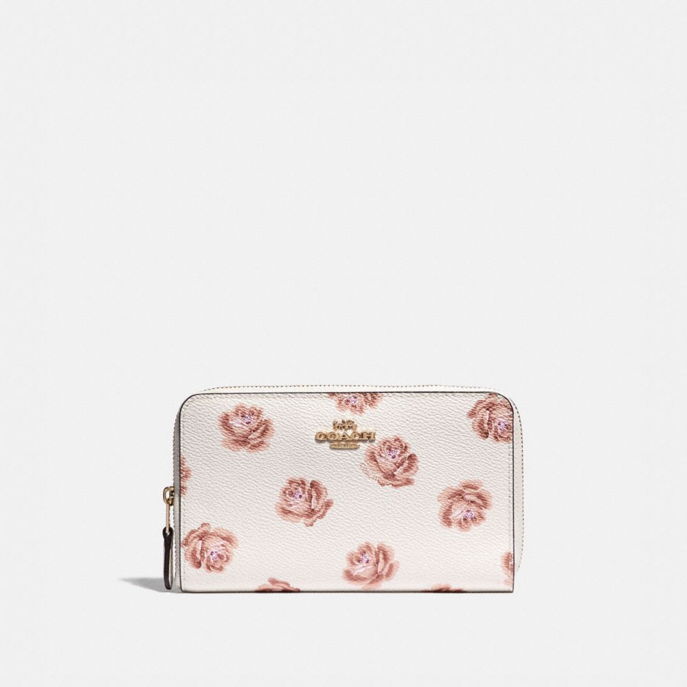 COACH MEDIUM ZIP AROUND WALLET WITH ROSE PRINT - CHALK ROSE PRINT/LIGHT GOLD - 31818