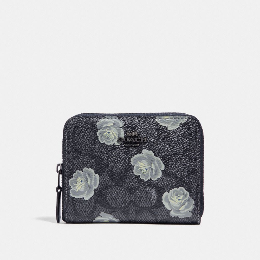 COACH 31825 Small Zip Around Wallet In Signature Rose Print DK/CHARCOAL SKY