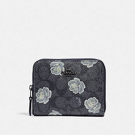 COACH SMALL ZIP AROUND WALLET IN SIGNATURE ROSE PRINT - DK/CHARCOAL SKY - 31825