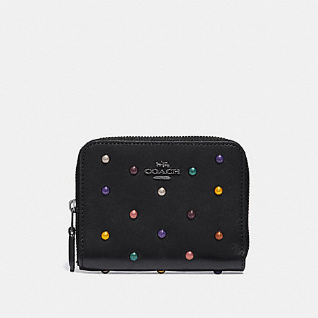 COACH 31839 SMALL ZIP AROUND WALLET WITH RAINBOW RIVETS DK/BLACK