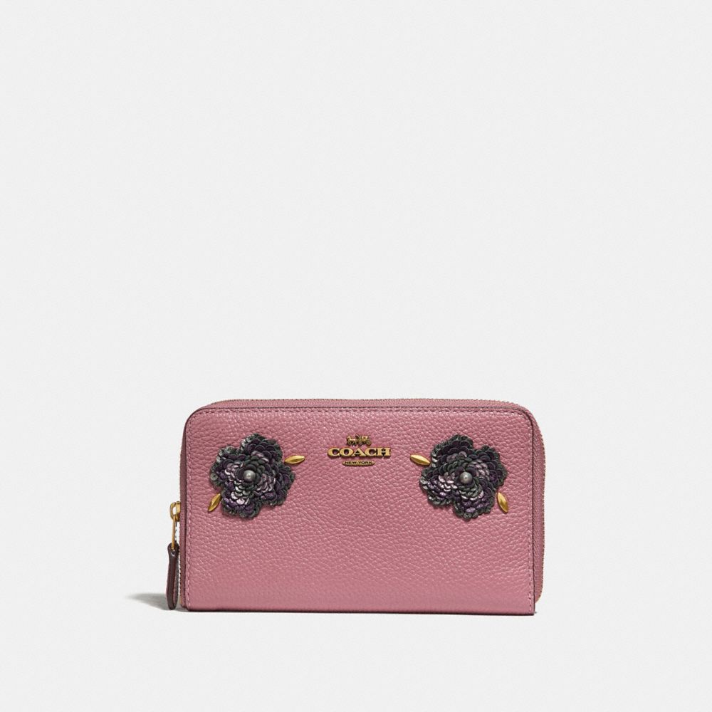 MEDIUM ZIP AROUND WALLET WITH LEATHER SEQUIN APPLIQUE - ROSE/BRASS - COACH 32434