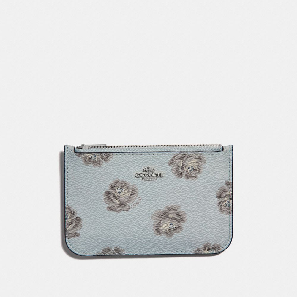 COACH ZIP CARD CASE WITH ROSE PRINT - SKY ROSE PRINT/SILVER - 32474