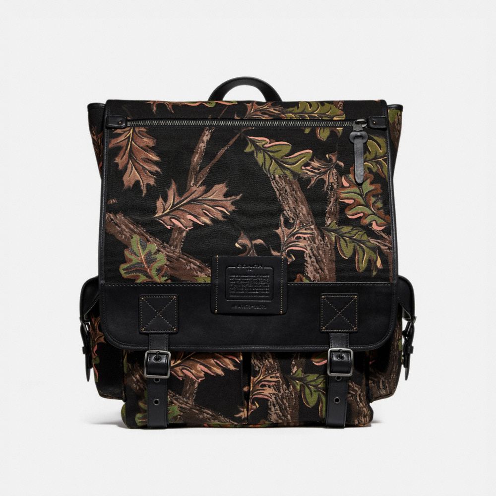 COACH 32573 Scout Backpack With Oak Leaf Print BLACK/BLACK COPPER FINISH