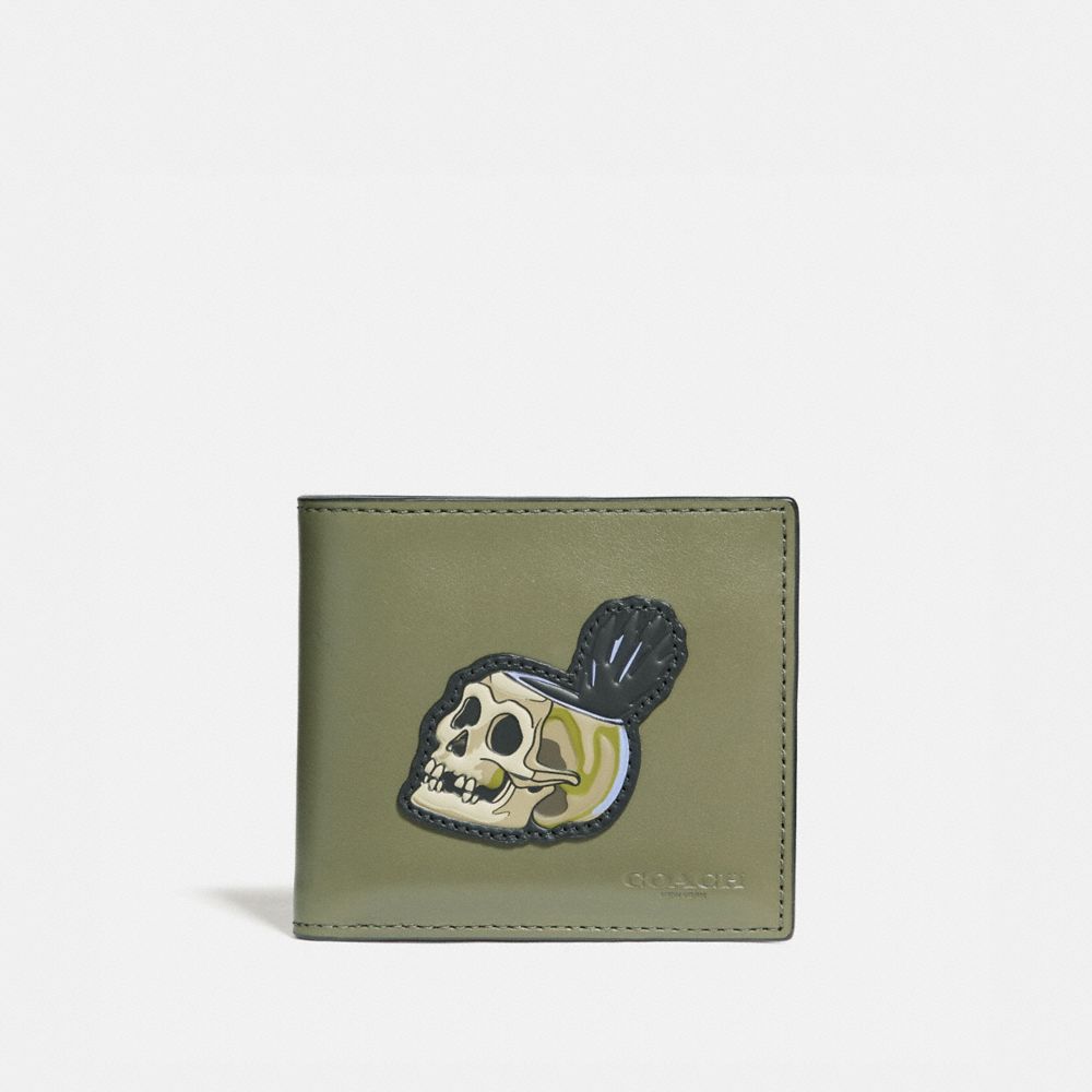 COACH 32633 DISNEY X COACH DOUBLE BILLFOLD WALLET WITH SKULL ARMY GREEN