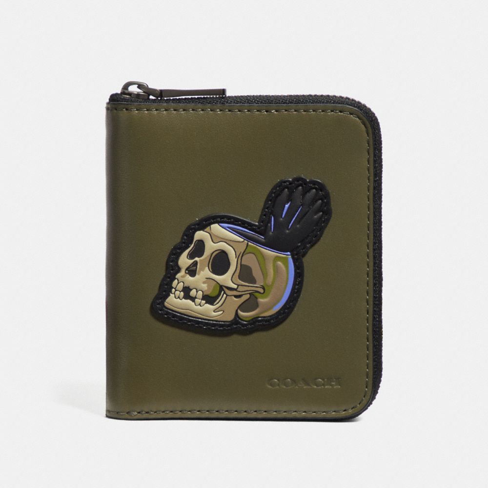 DISNEY X COACH SMALL ZIP AROUND WALLET WITH SKULL - ARMY GREEN - COACH 32647