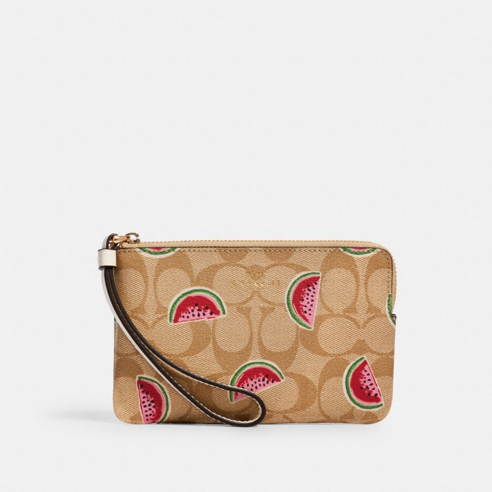 COACH 3281 - CORNER ZIP WRISTLET IN SIGNATURE CANVAS WITH WATERMELON PRINT IM/LT KHAKI/RED MULTI