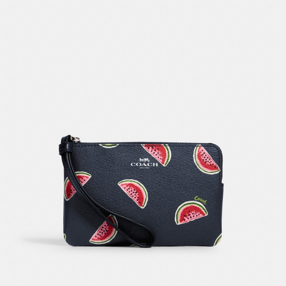 COACH CORNER ZIP WRISTLET WITH WATERMELON PRINT - SV/NAVY RED MULTI - 3282