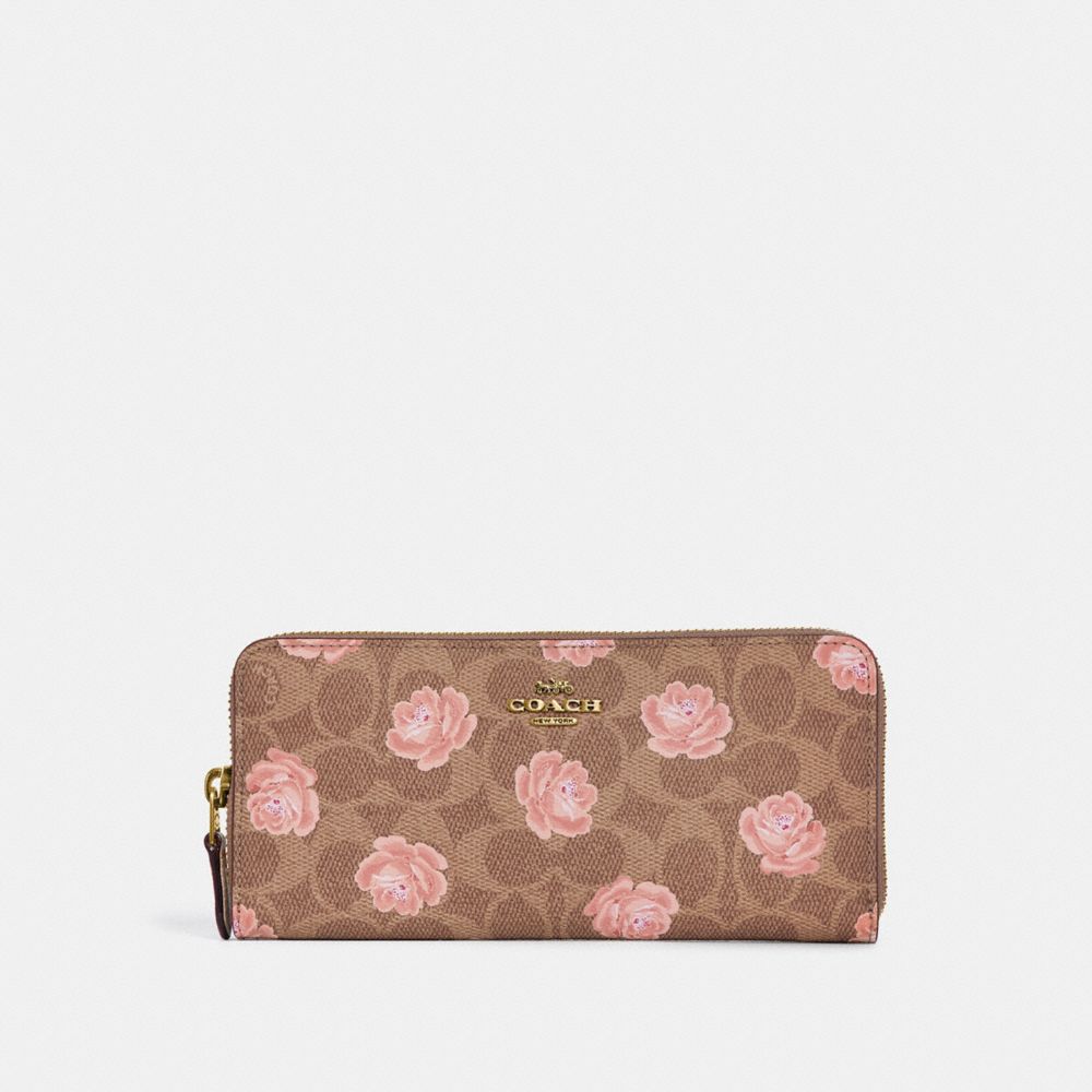 SLIM ACCORDION ZIP WALLET IN SIGNATURE ROSE PRINT - 32999 - B4/TAN