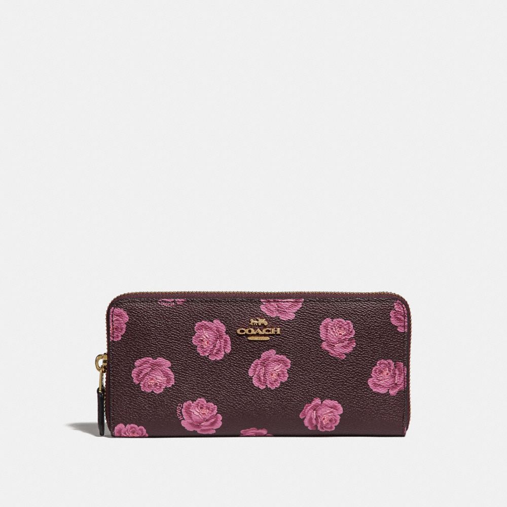 SLIM ACCORDION ZIP WALLET WITH ROSE PRINT - 33016 - GD/OXBLOOD ROSE PRINT