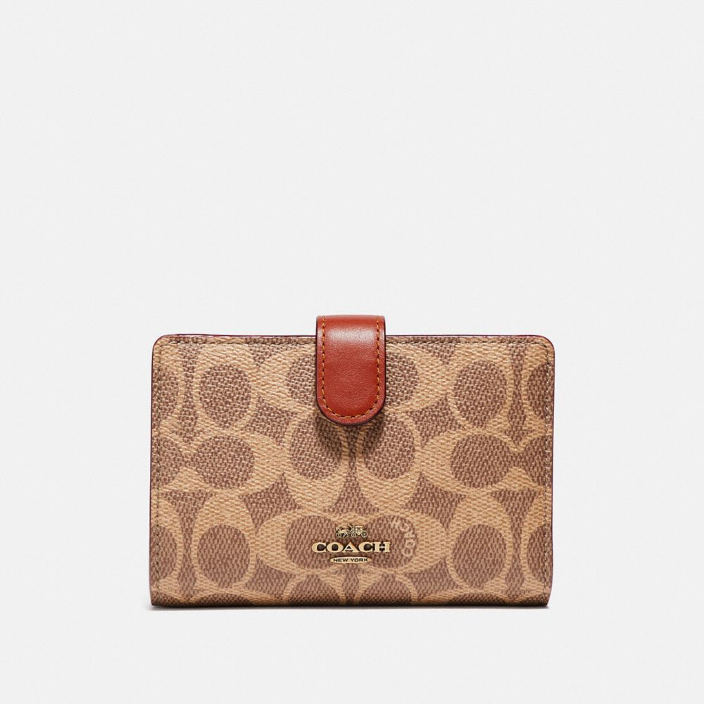 COACH 33034 Medium Corner Zip Wallet In Colorblock Signature Canvas B4/TAN RUST