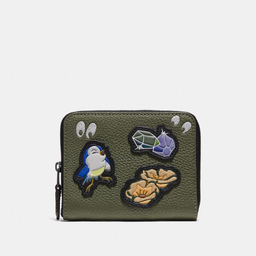 DISNEY X COACH SMALL ZIP AROUND WALLET WITH SPOOKY EYES PRINT - BP/ARMY GREEN - COACH 33058