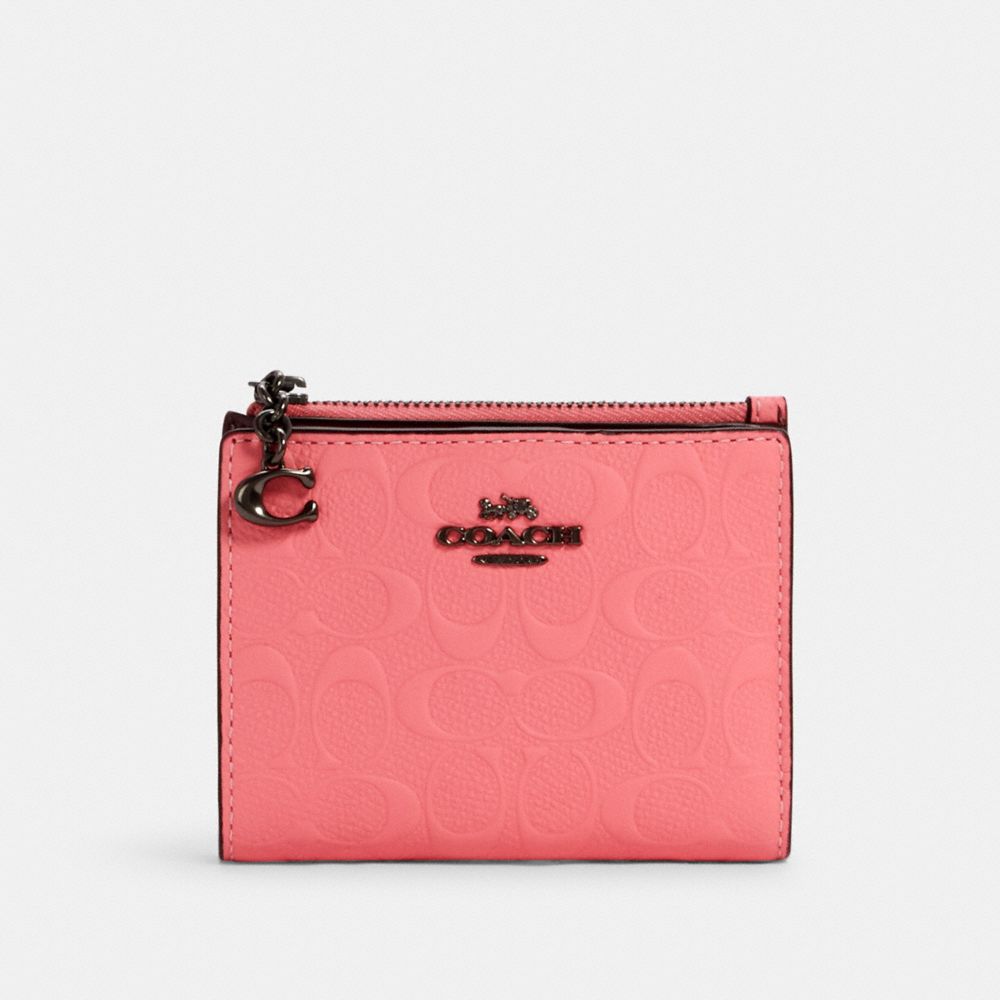COACH 3306 SNAP CARD CASE IN SIGNATURE LEATHER QB/PINK-LEMONADE